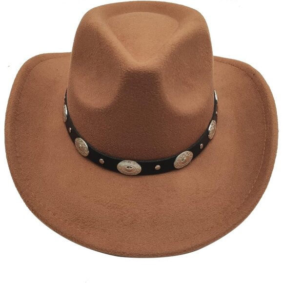 🆕 Men Khaki Cowboy Hat Western Felt Fedora Chapeau Halloween Costume Belt Wicks - Picture 2 of 7